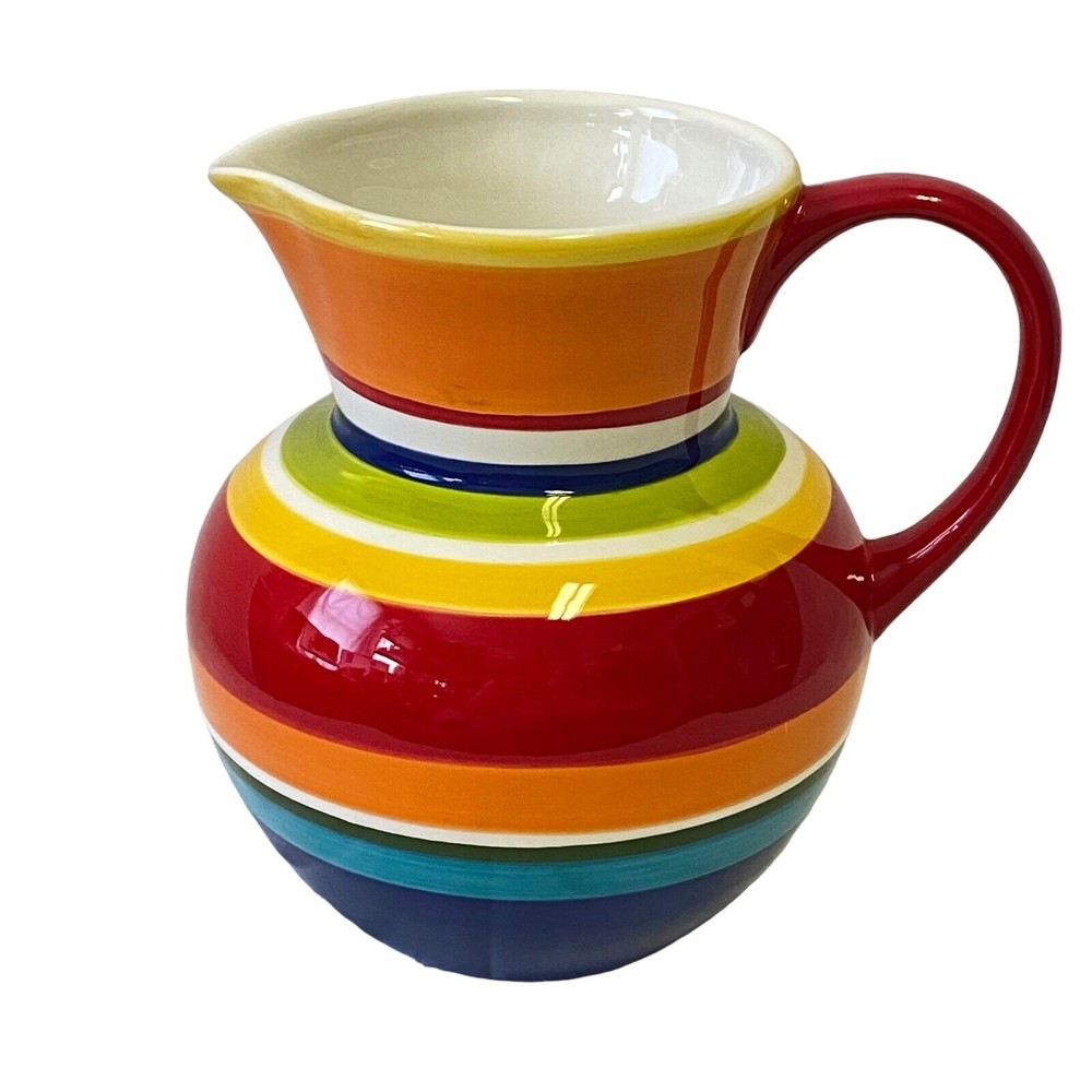 Pier 1 Imports Summer Stripes Pitcher 8" Multicolor Red Orange Yellow Ironstone